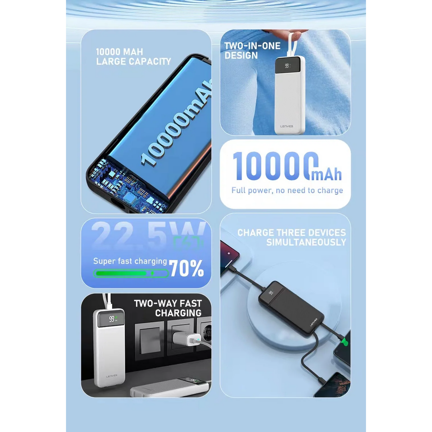 Powerbank Carga Rapida Lenyes Px155d 10000 Mah Con Cables Negro – imagen 2