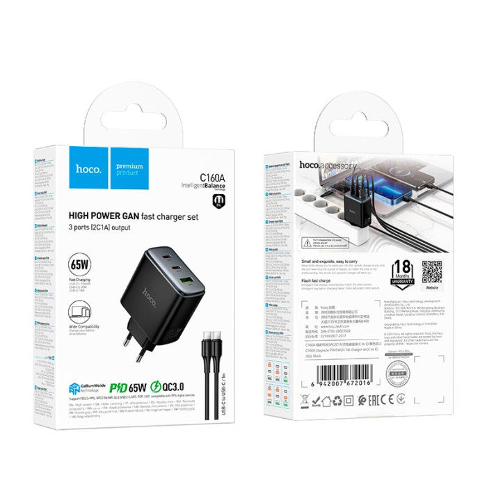 Cargador Carga Rapida Hoco C160a 65w Triple + Cable Tipo C Negro – imagen 2