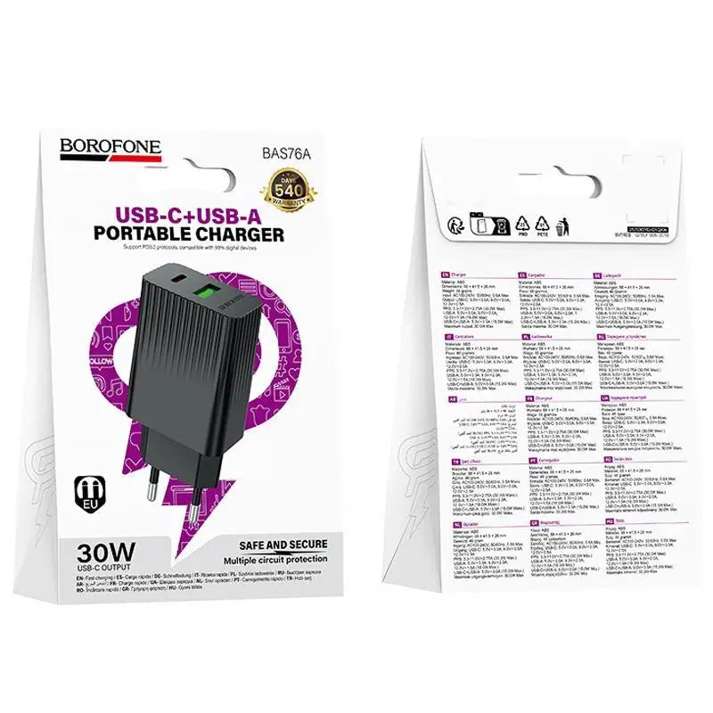 Cargador Borofone Ba76a 30w Qc 3.0 Dual Negro – imagen 3
