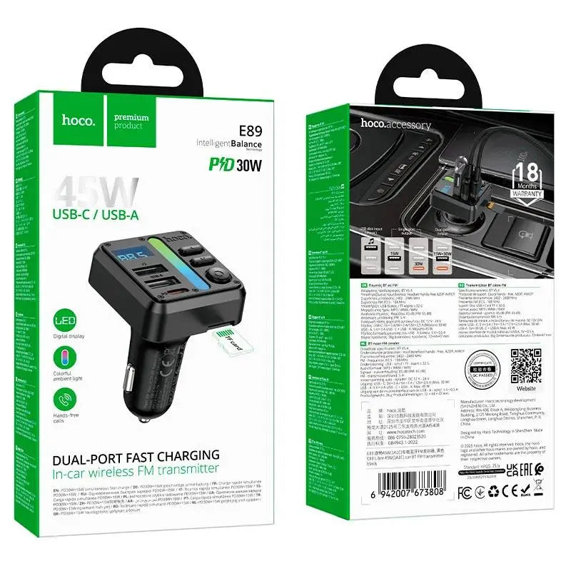 Cargador De Auto Transmisor Bluetooth Hoco E89 Rgb 45w Negro – imagen 2