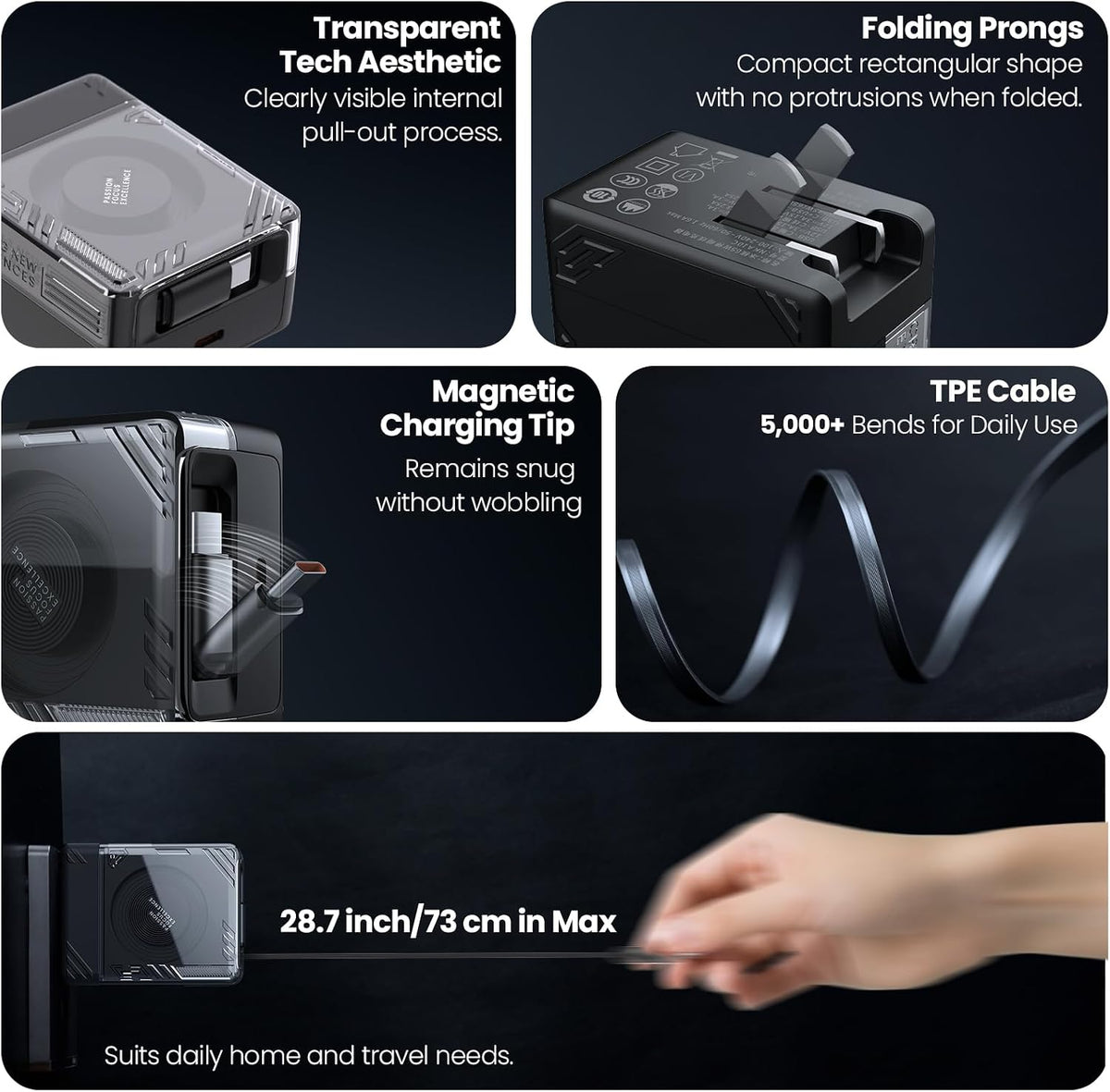 Cargador Nillkin IceCore 65W GaN con Cable USB-C Retráctil