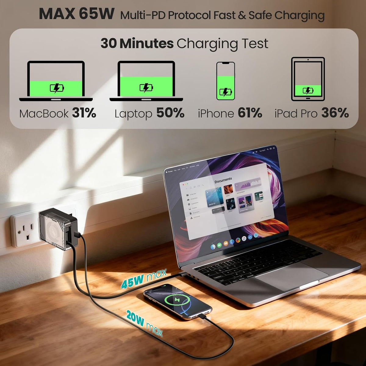 Cargador Nillkin IceCore 65W GaN con Cable USB-C Retráctil