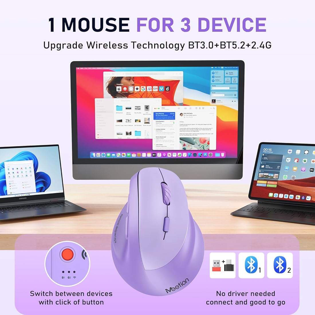 Mouse Vertical Dual Wireless Bluetooth Meetion Btm010r Purpura – imagen 3