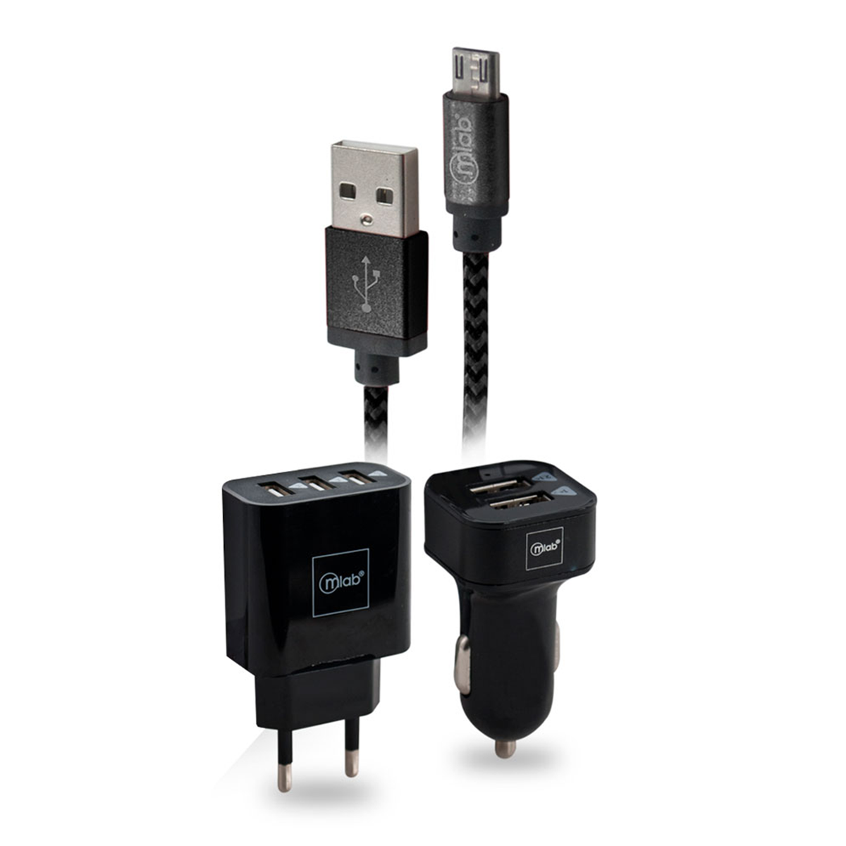 Kit Cargador de Auto Microlab 220v 3 en 1 + Cable micro Usb Negro