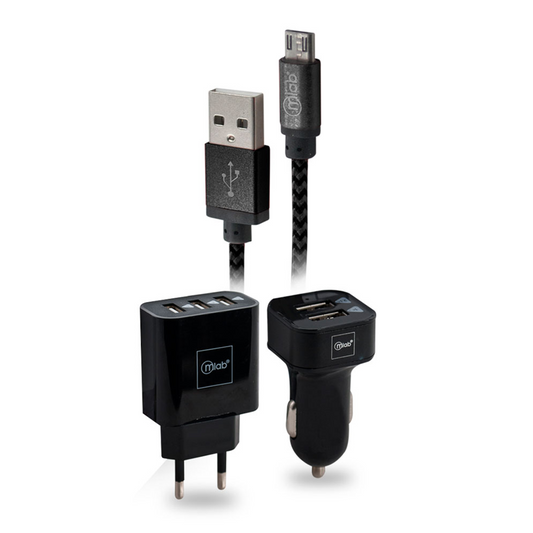 Kit Cargador de Auto Microlab 220v 3 en 1 + Cable micro Usb Negro