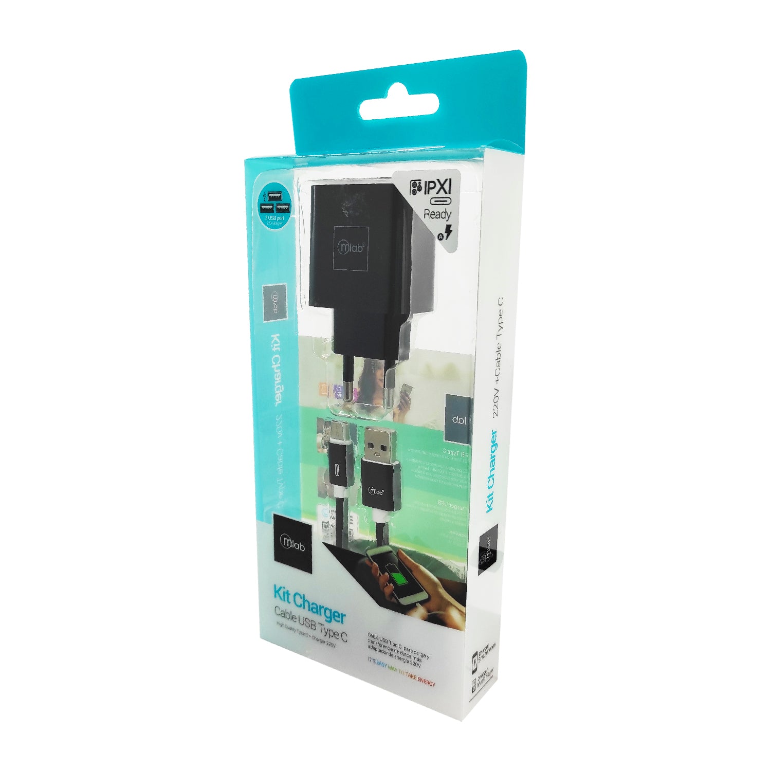 Kit Cargador De Pared + Cable Tipo C Microlab 3 puertos Usb 220v Negro – imagen 2