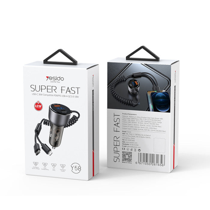 Cargador De Auto Yesido Y58 60w Dual Cable Negro – imagen 3