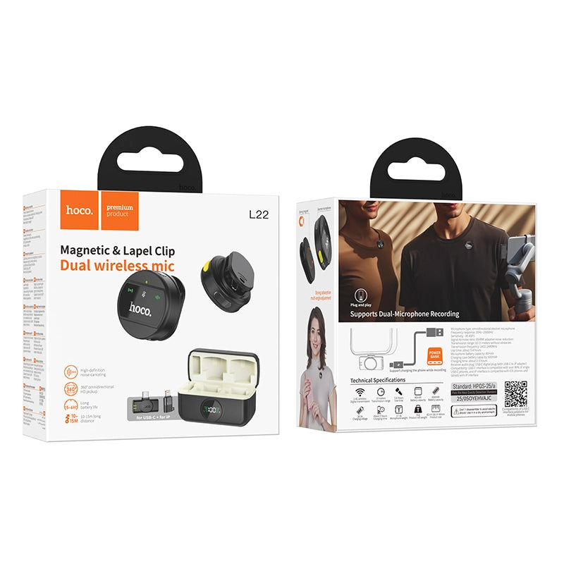 Microfono Inalambrico Externo Hoco L22 Doble Usb-C + IP Negro – imagen 3