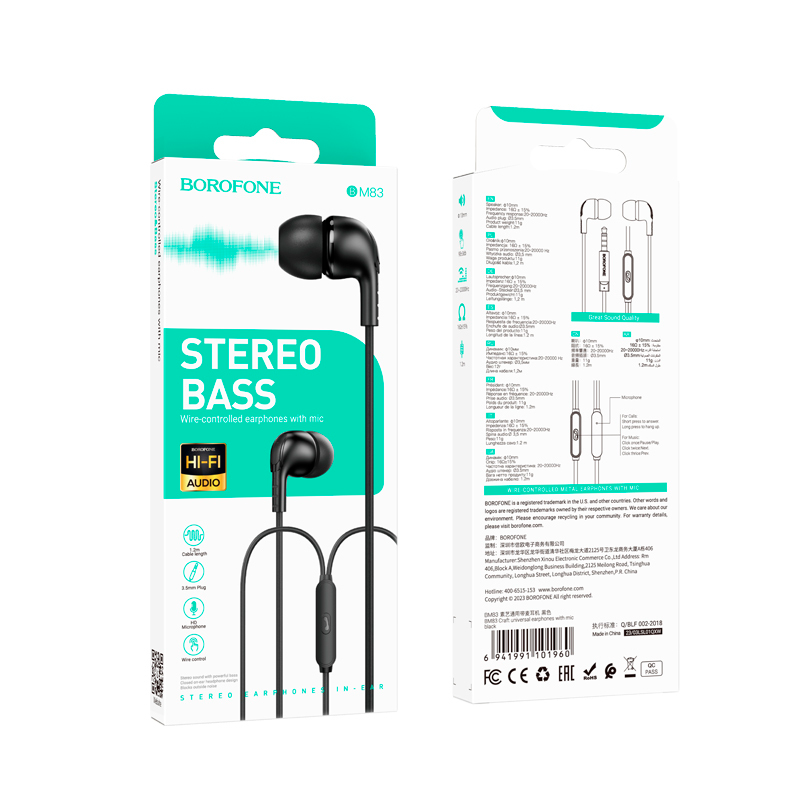 Audífonos In Ear Borofone Bm83 3.5mm Craft Negro – imagen 3