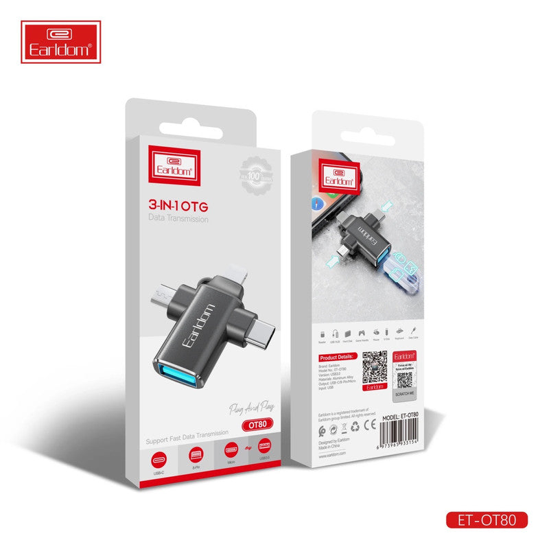 Adaptador Usb 3.0 Micro Usb Lightning Tipo C 3 en 1 Otg Earldom Negro – imagen 2