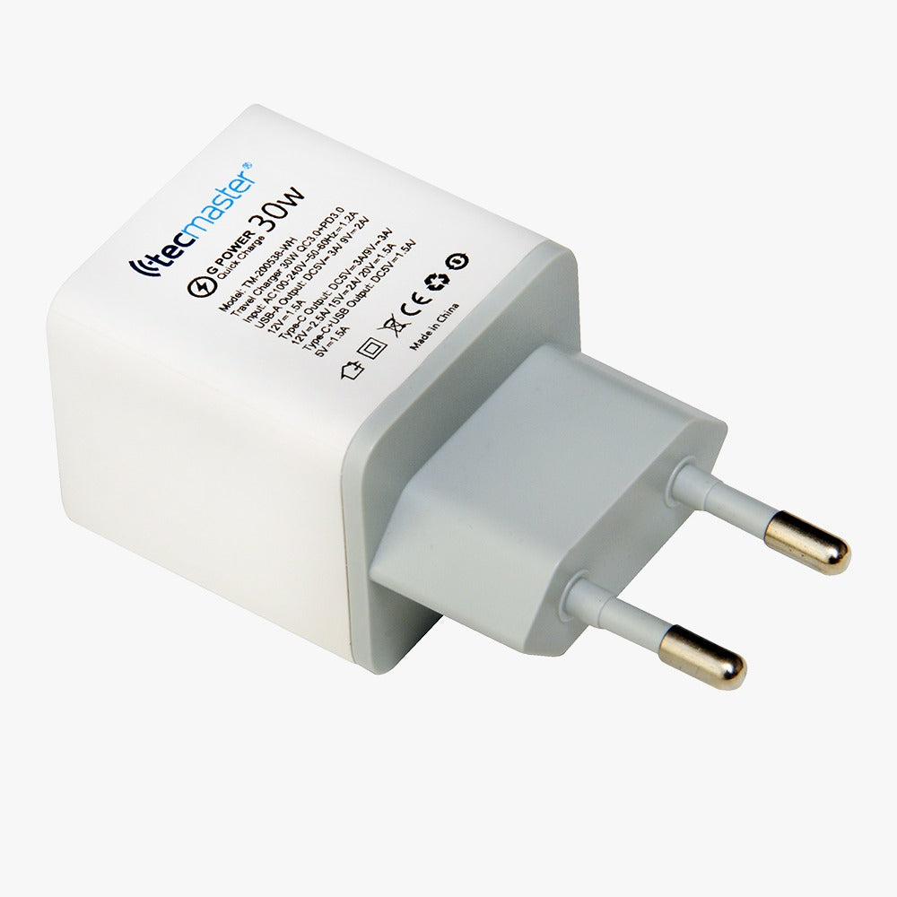 Cargador Tecmaster 30w Carga Rapida QC3.0 2 Puertos Blanco – imagen 2