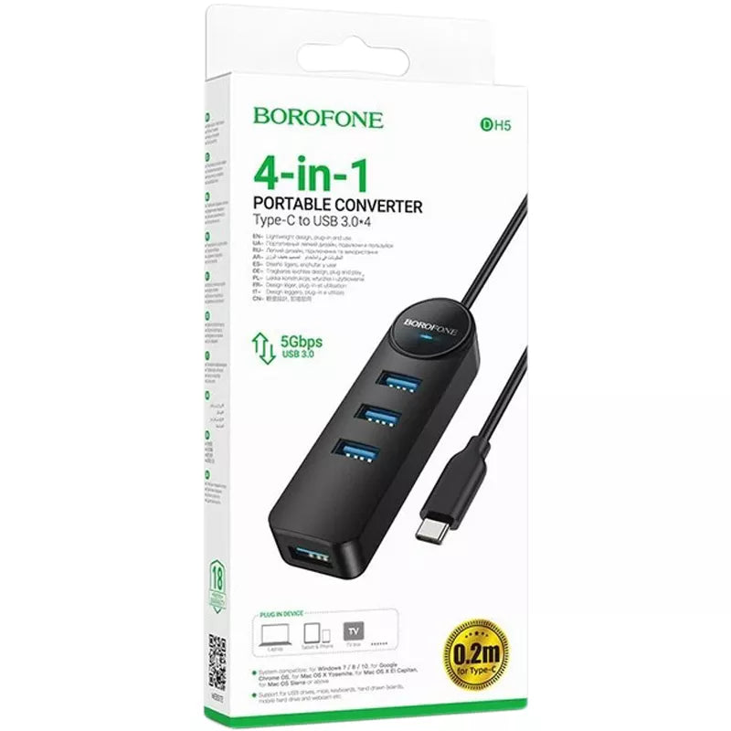 Adaptador Hub Borofone Dh5 4 En 1 Tipo C 4 Usb 3.0 Negro – imagen 2