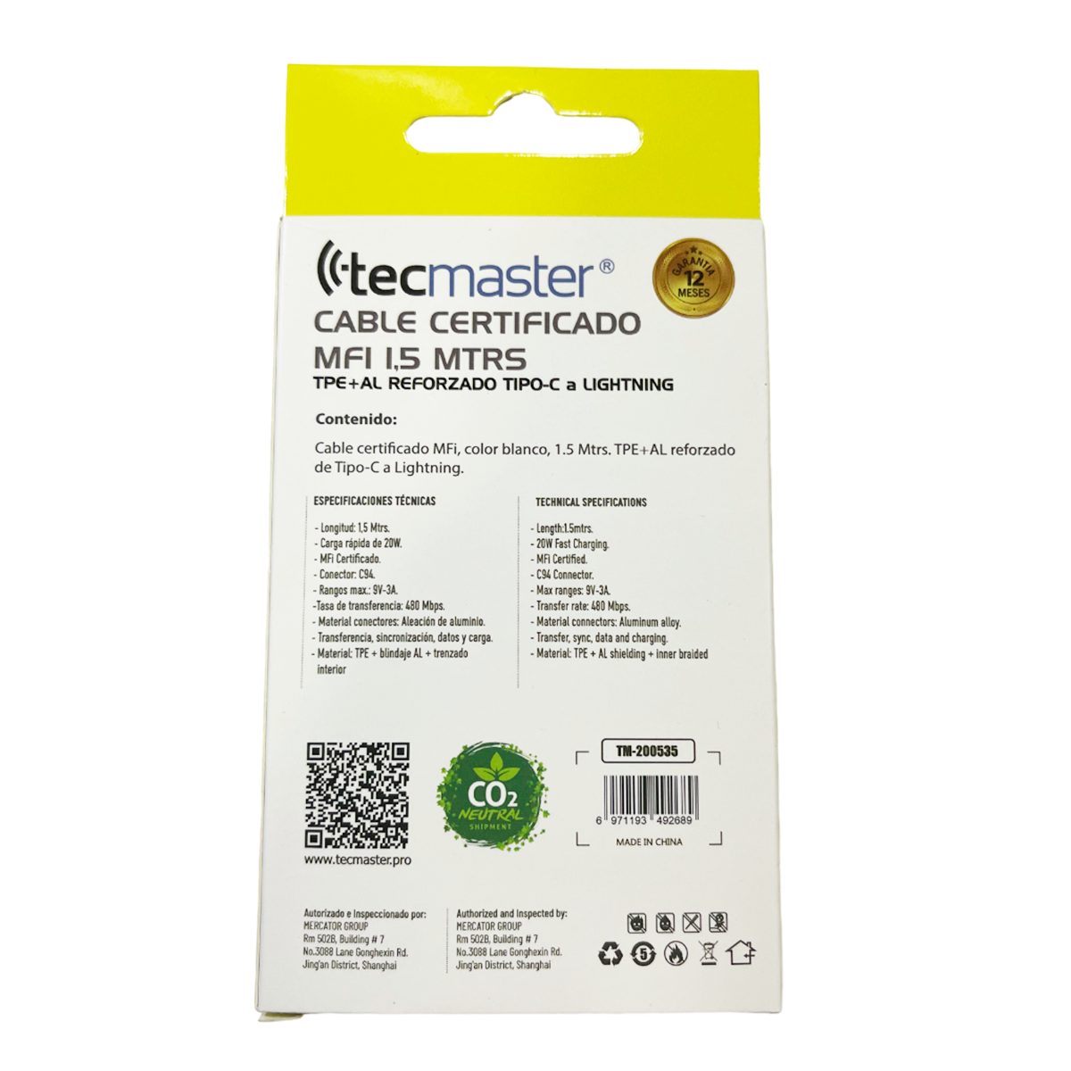 Cable Tipo C A Lightning Reforzado 1.5 Metros MFI Tecmaster Blanco – imagen 3