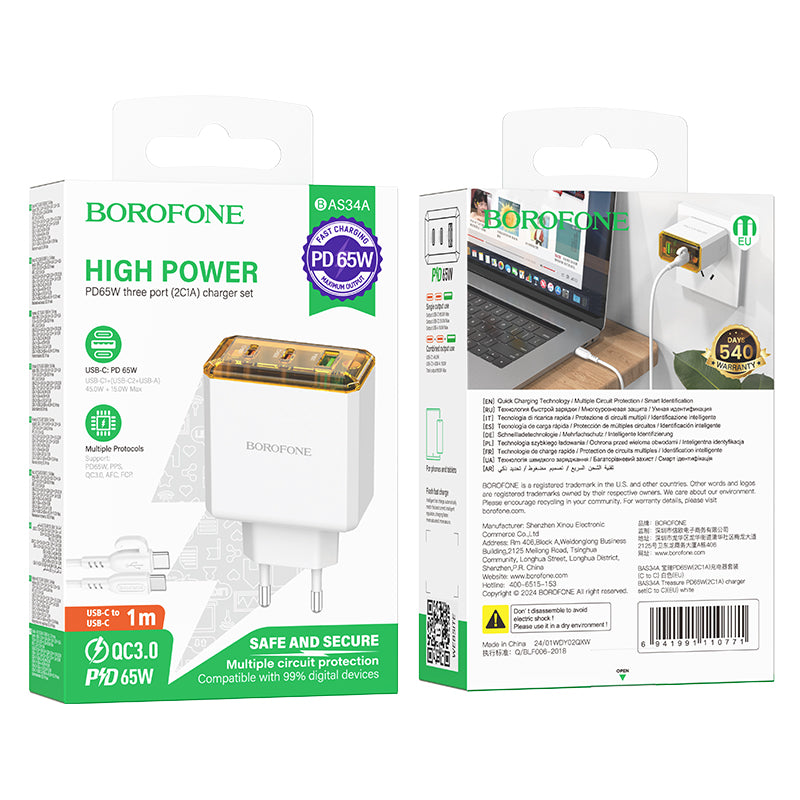 Cargador Borofone Bas34a 65w Usb Tipo C + Cable Tipo C Blanco – imagen 2
