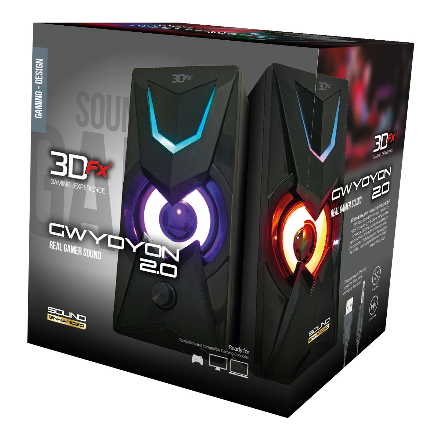 Parlantes Gamer 2.0 3DFX 10w Gwydyon Rgb Negro – imagen 3
