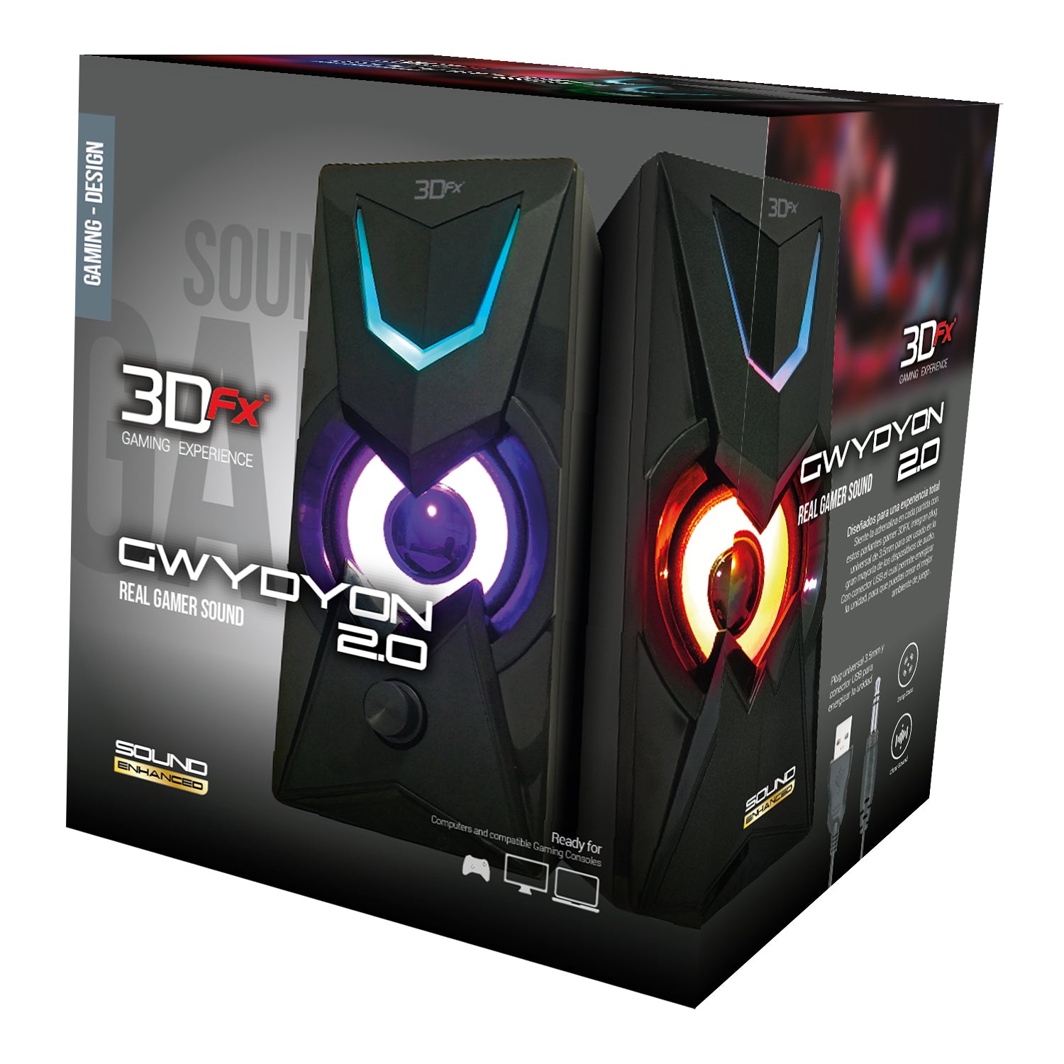 Parlantes Gamer 2.0 3DFX 10w Gwydyon Rgb Negro – imagen 3