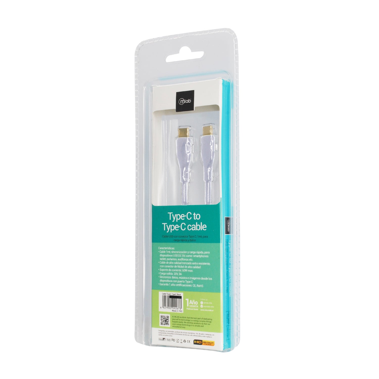 Cable Tipo C a Tipo C Microlab 1m Reforzado Blanco – imagen 3