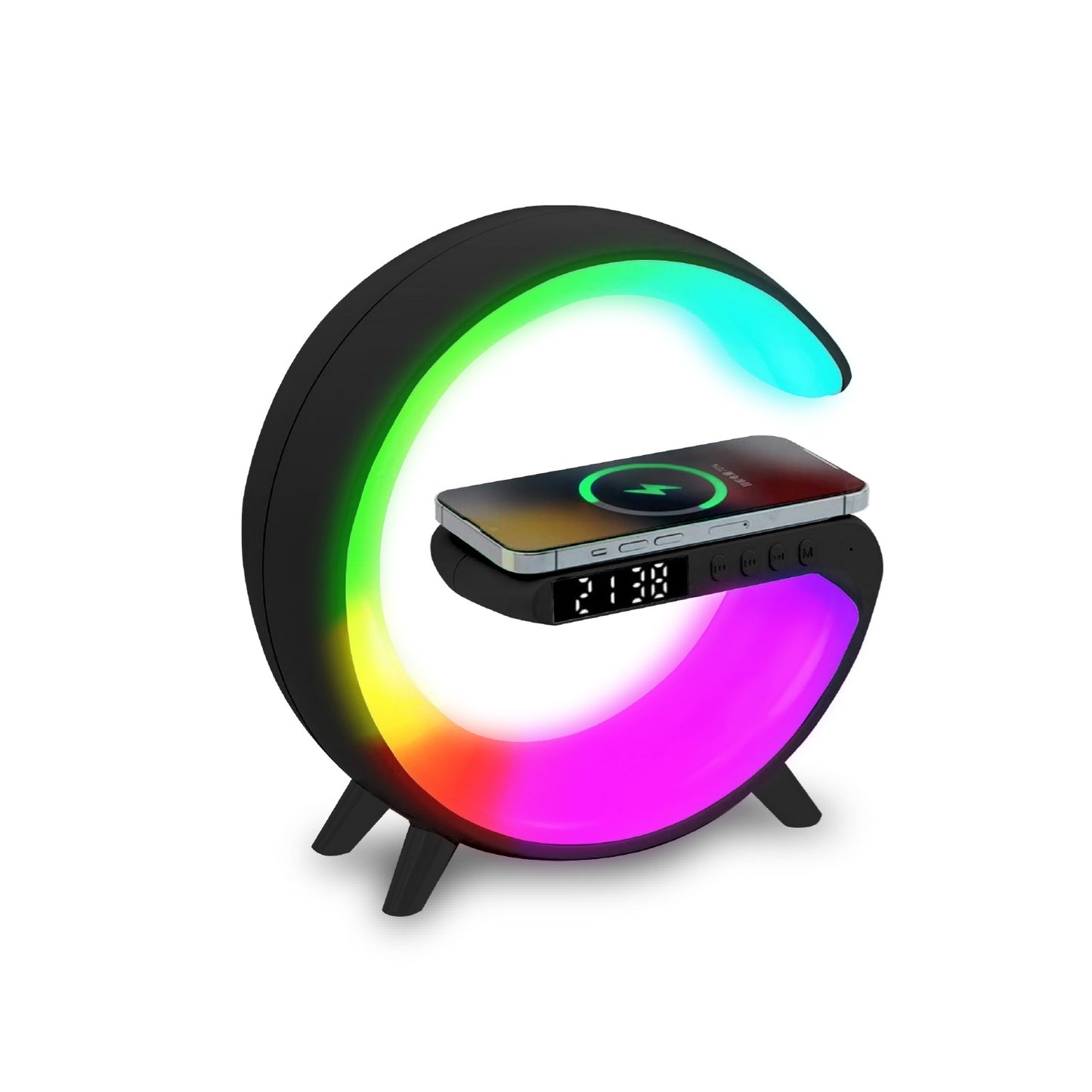 Parlante Bluetooth My Lil G Cargador Inalámbrico Luz Rgb Reloj Alarma Negro