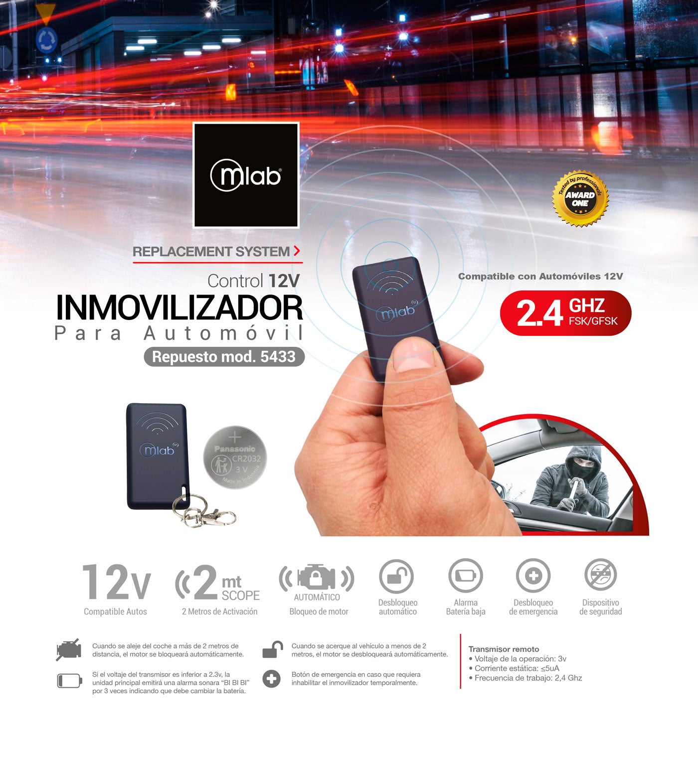 Ficha técnica Control Inmovilizador Auto 12V repuesto 5433