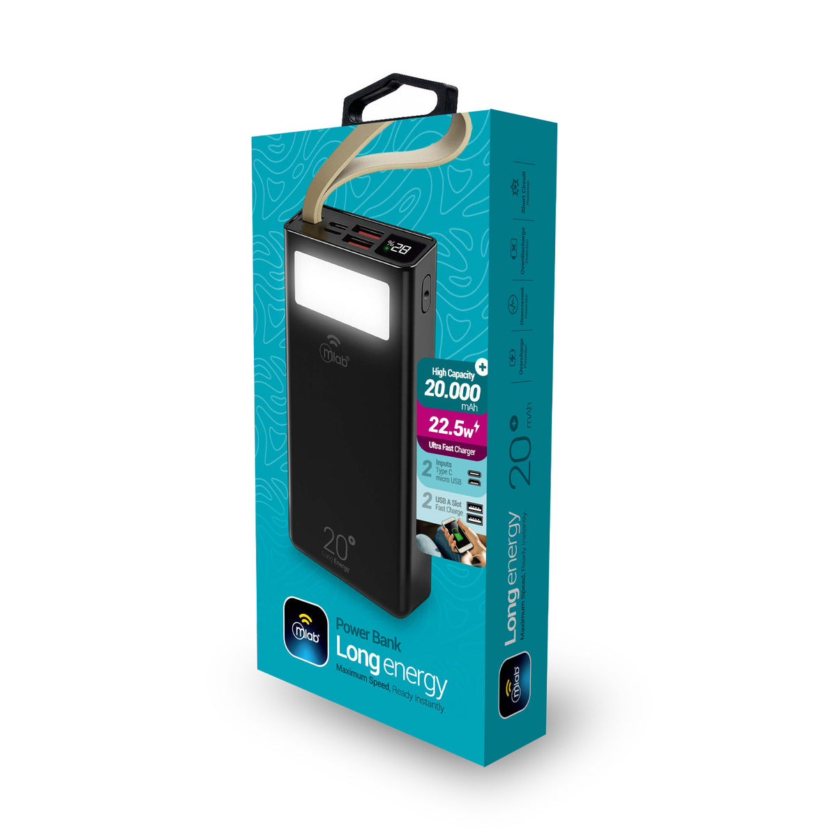 Powerbank Mlab Long Energy 20.000mAh Carga Rápida 22.5W Linterna LED