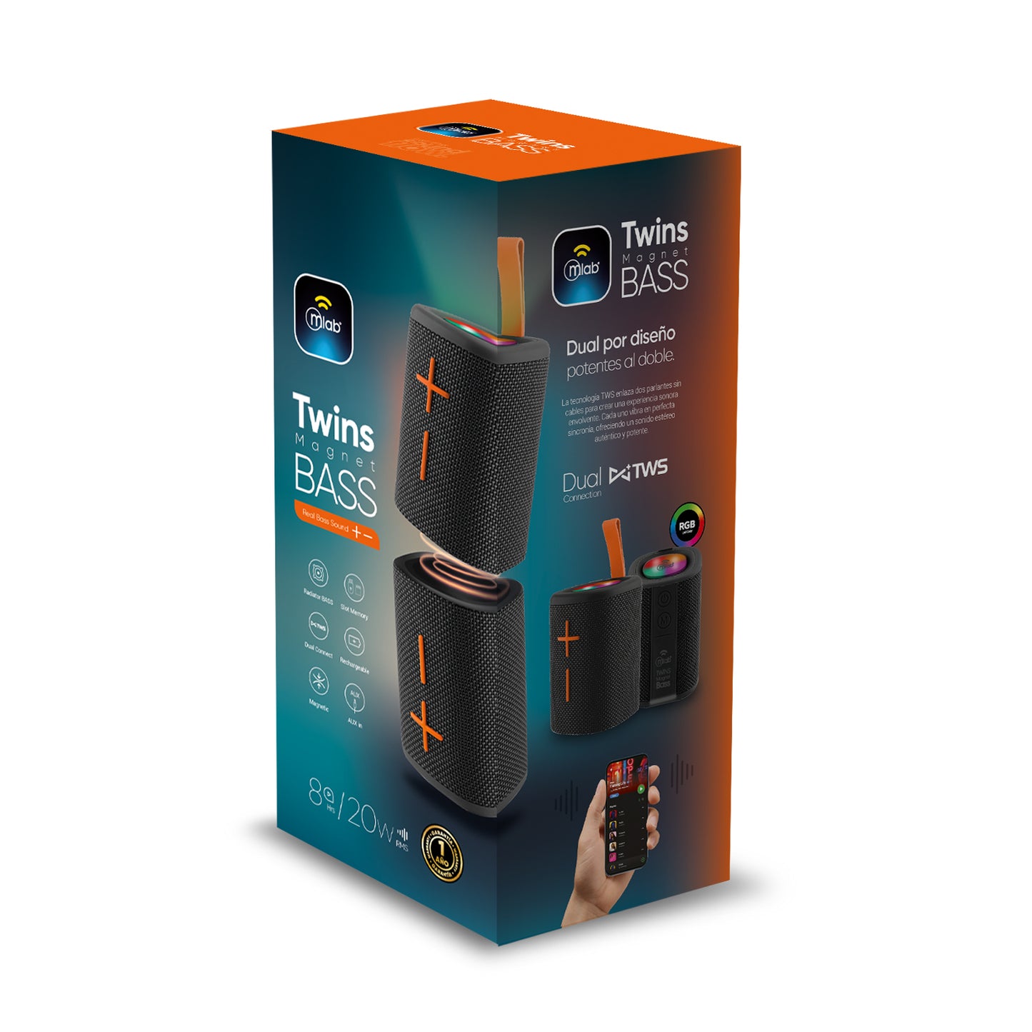 Parlante Bluetooth Mlab 9687 Twins Magnet Bass 20w Usb Tf Aux Negro – imagen 3