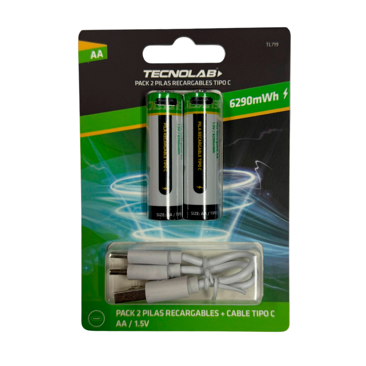 Pack 2 Pilas Recargables AA Tecnolab Tl719 Tipo C + Cable Blanco
