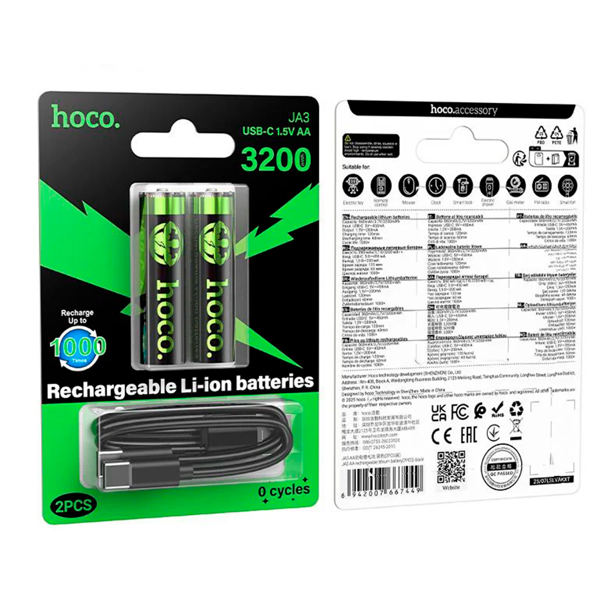Pack 2 Pilas Recargables AA Hoco Ja3 Tipo C + Cable Dual Negro
