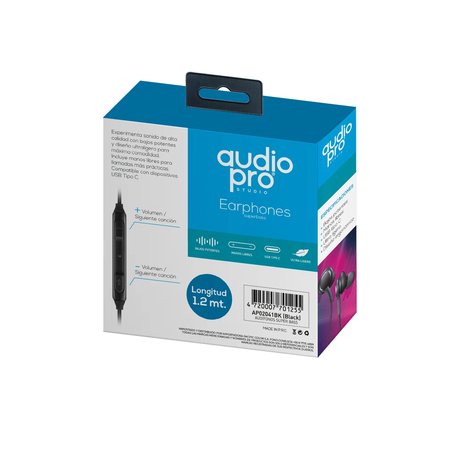 Audifonos In Ear Audiopro Manos Libres Tipo C 1.2m Superbass Negro – imagen 2