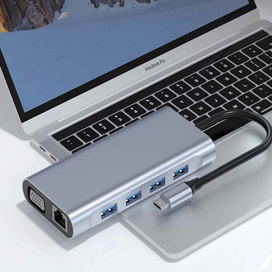 Adaptador Hub Byl-2110 Tipo C 11 en 1 Hdmi Rj45 Usb Aux Vga Gris – imagen 5