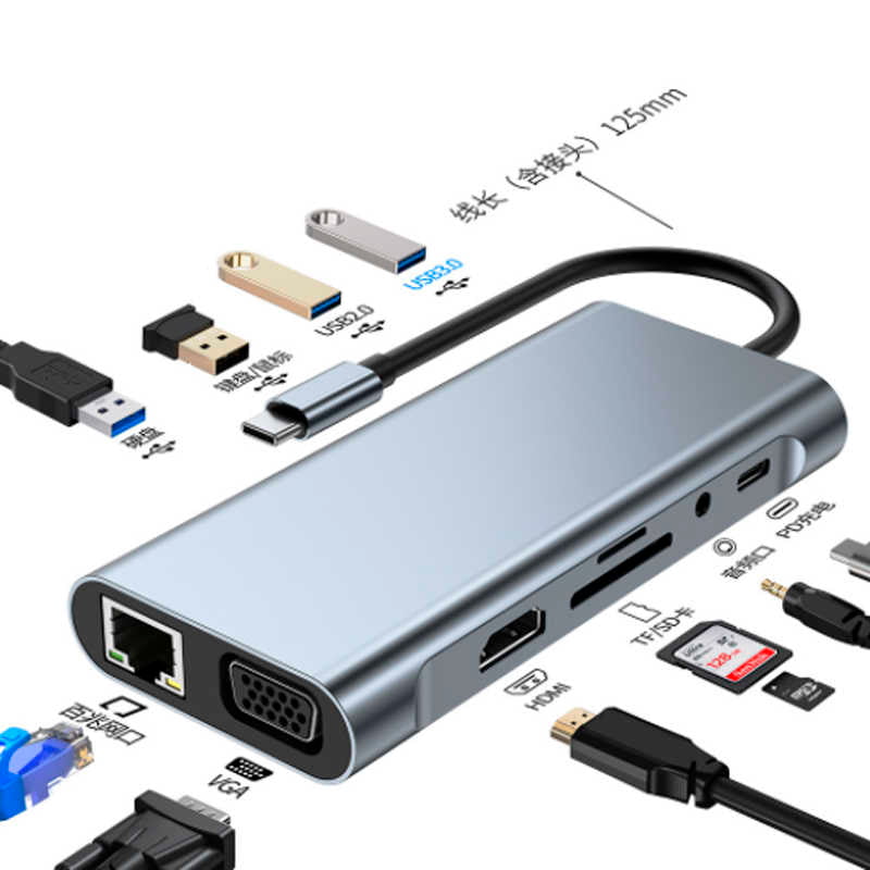 Adaptador Hub Byl-2110 Tipo C 11 en 1 Hdmi Rj45 Usb Aux Vga Gris – imagen 4