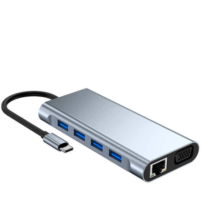 Adaptador Hub Byl-2110 Tipo C 11 en 1 Hdmi Rj45 Usb Aux Vga Gris – imagen 2