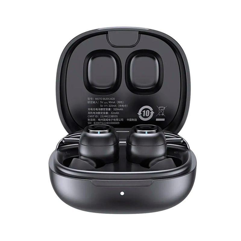 Motorola Moto Buds B20 negros vista de los audífonos