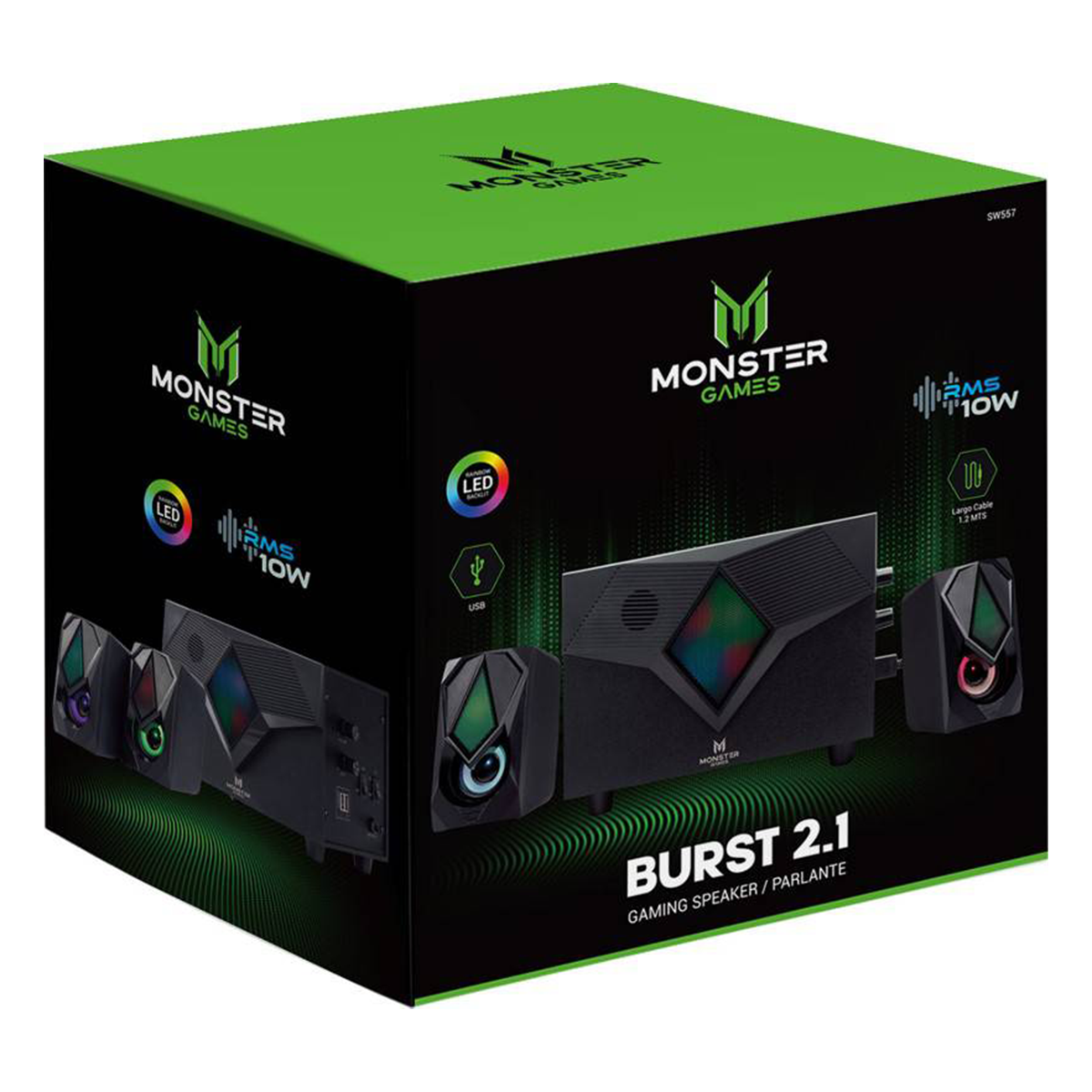 Parlantes Subwoofer Gamer Monster Burst 2.1 Rainbow Negro