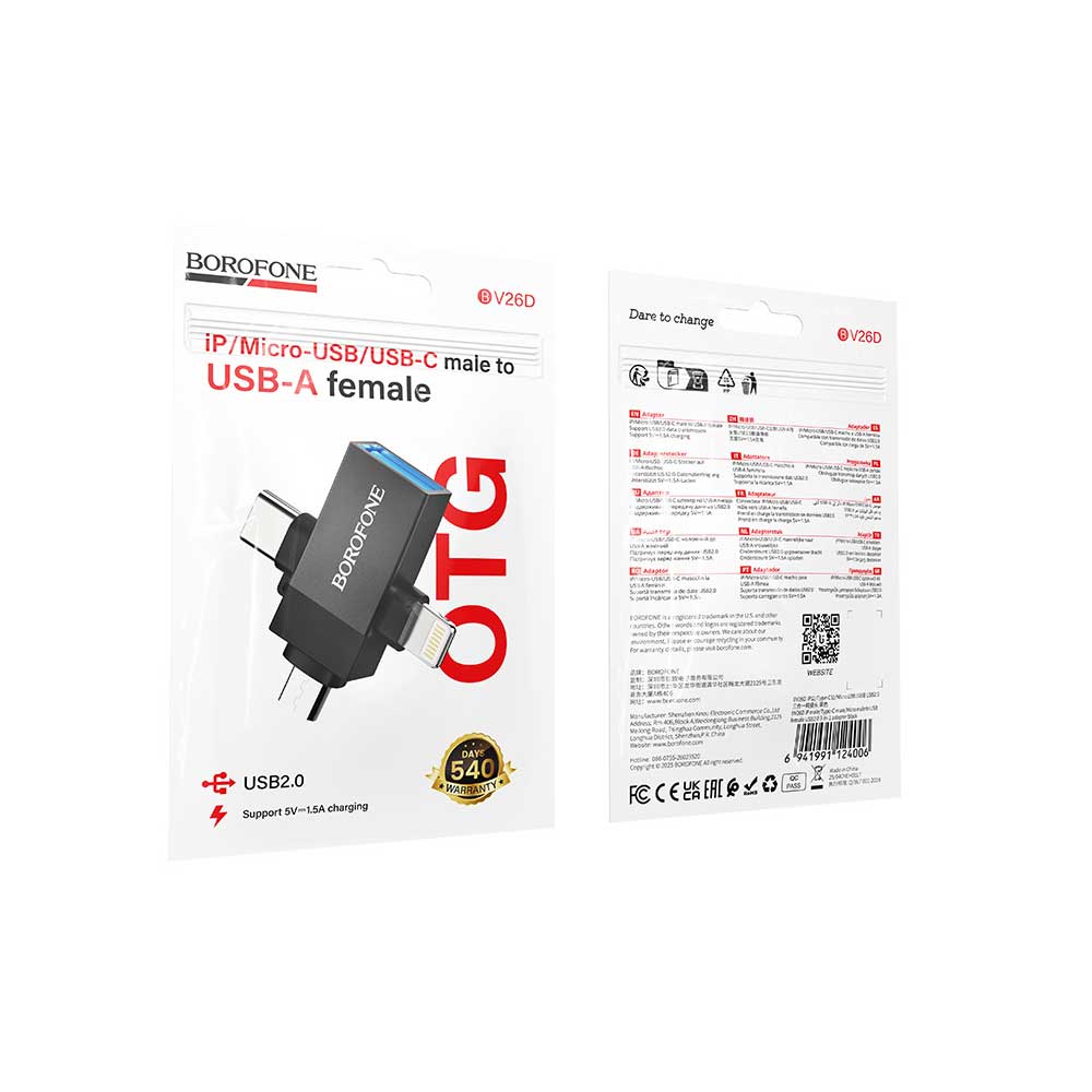 Adaptador Universal 3 en 1 Usb Tipo C Micro Usb Lightning Borofone Bv26d Negro – imagen 2