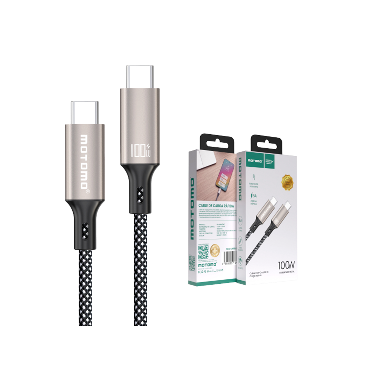 Cable Tipo C a Tipo C 100w Motomo Trenzado 1 Metro Gris – imagen 2