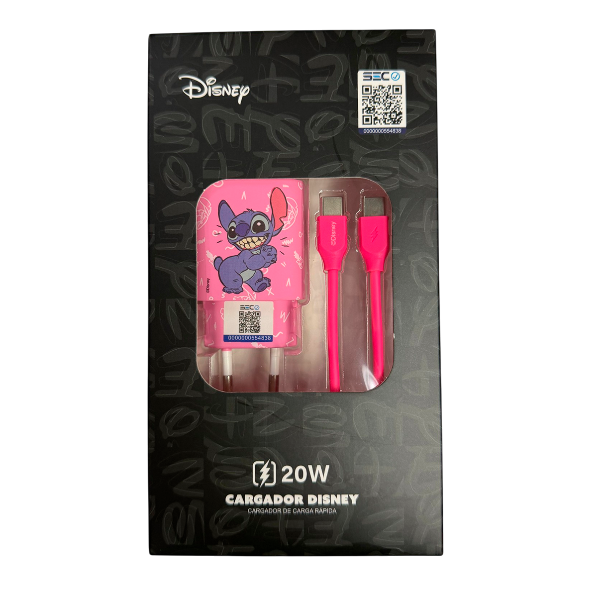 Cargador Rapido Disney 20w Dual Usb + Cable Tipo C Stitch Rosa