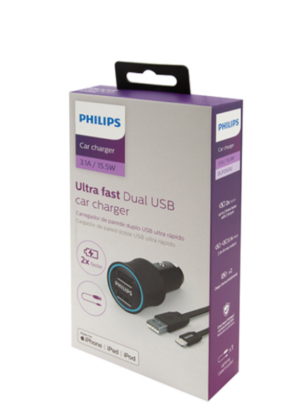Kit Cargador Doble Usb Auto Philips + Cable Iphone Lightning – imagen 2