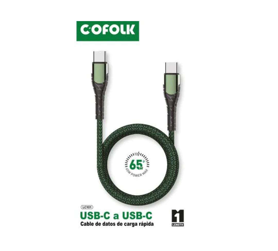 Cable Trenzado Usb Tipo C a Tipo C PD 65w Cofolk 1 Metro Negro – imagen 2