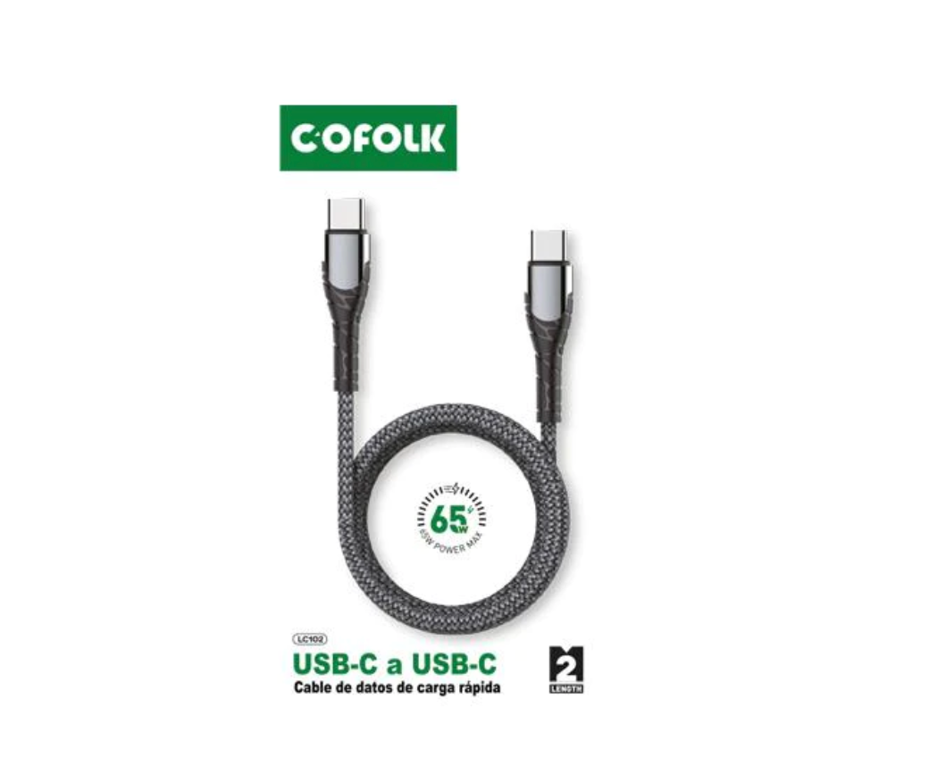 Cable Trenzado Usb Tipo C a Tipo C PD 65w Cofolk 2 Metro Negro – imagen 4