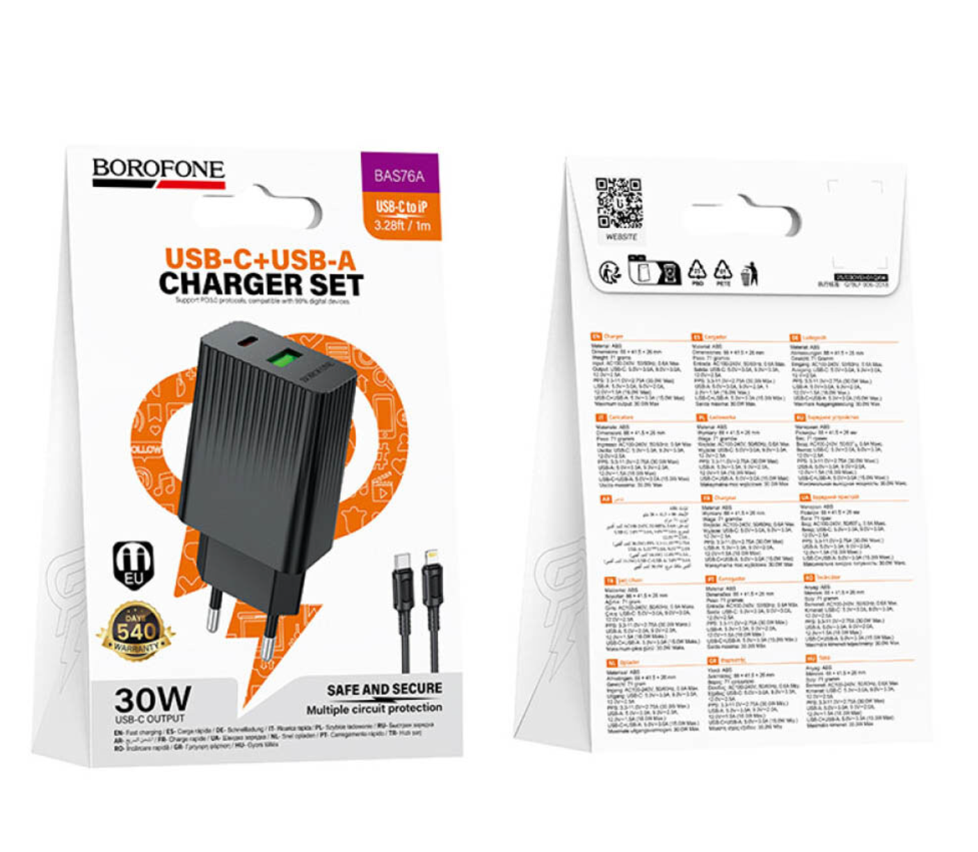 Cargador Borofone Ba76a 30w Qc 3.0 + Tipo C Para Iphone Negro – imagen 3