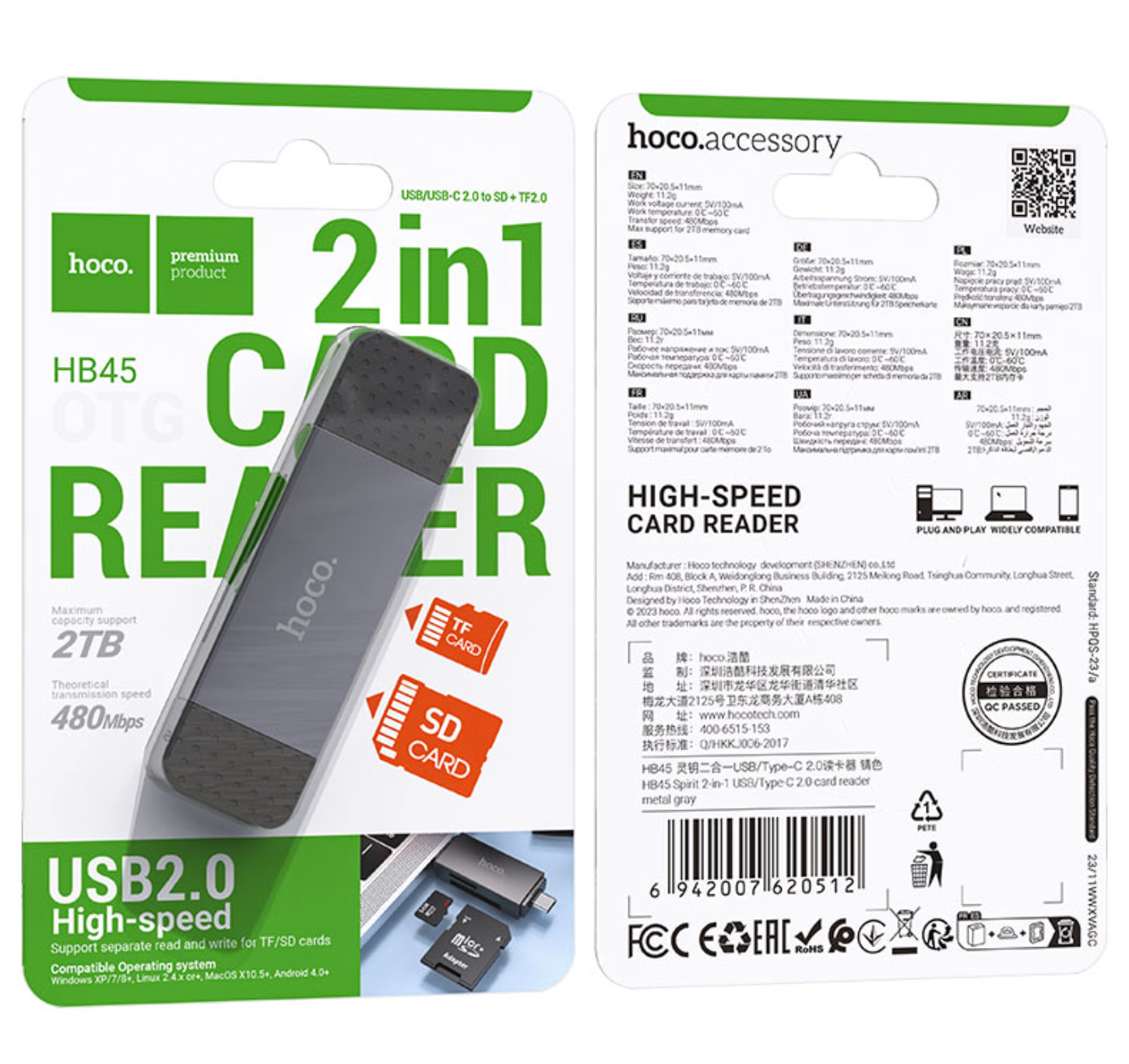 Lector de Tarjetas Usb Tipo C SD + TF Hoco Hb45 2.0 Gris – imagen 3