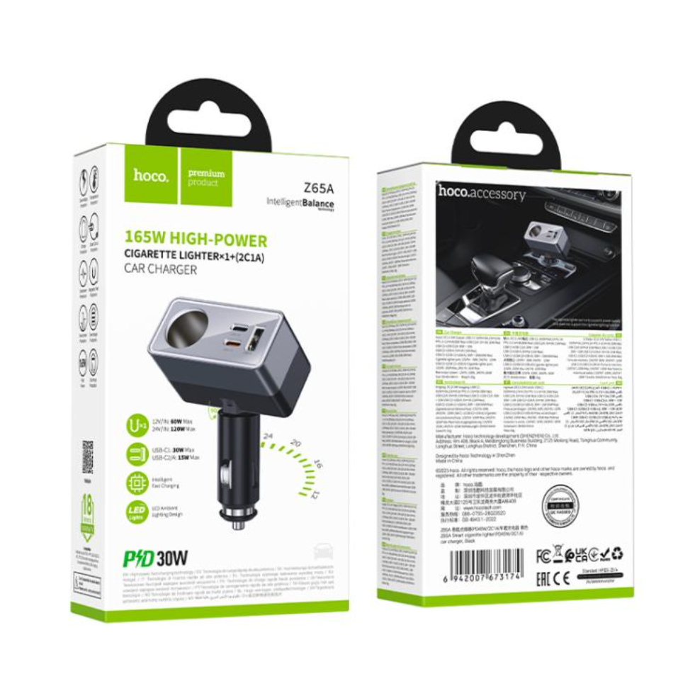 Cargador de Auto Hoco Z65a 165w Dual Puerto Tipo C Encendedor – imagen 2
