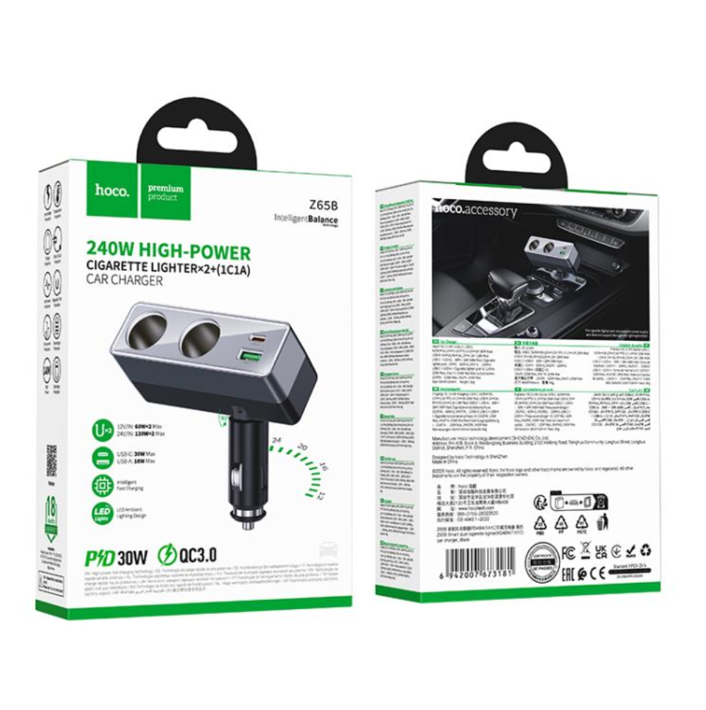 Cargador de Auto Hoco Z65b 240w Dual Puerto Tipo C Encendedor – imagen 2