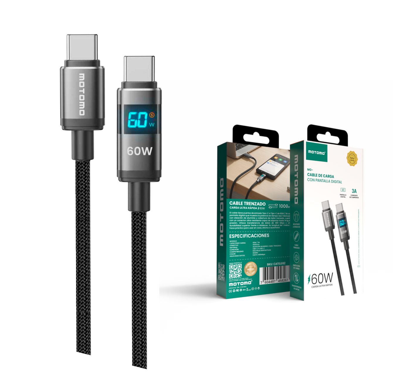 Cable Tipo C a Tipo C 60w Motomo Trenzado 1 Metro Gris – imagen 2