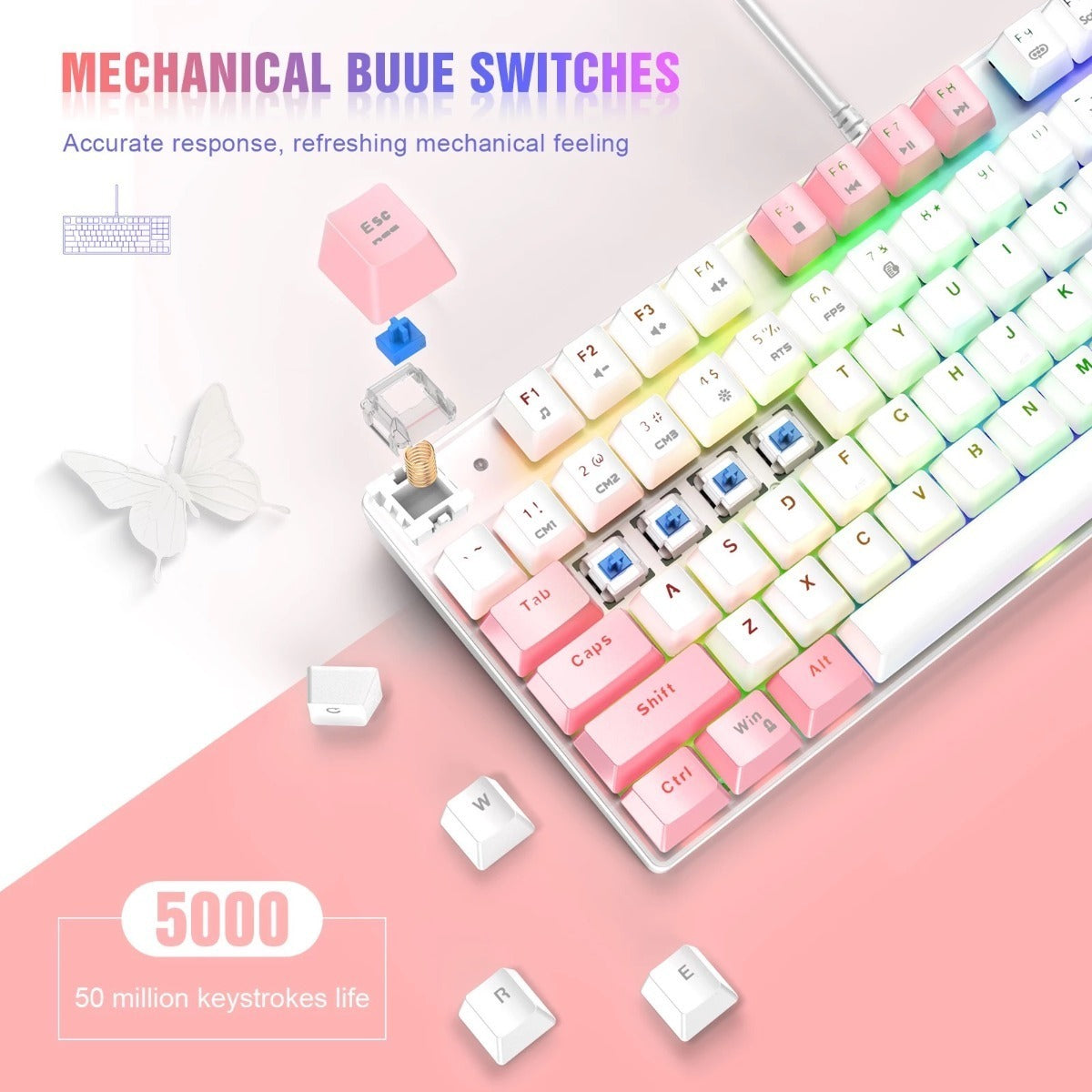 Kit Gamer Onikuma Teclado Mecanico G26 + Mouse Cw905 Rosa Blanco – imagen 7