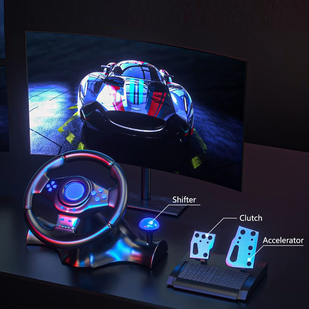 Kit Volante Con Pedales G7-v7 Para Pc Ps4 Xbox Switch Negro – imagen 3