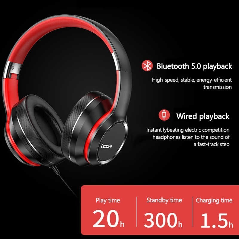 Audifonos Bluetooth Lenovo HD 200 Negro Rojo – imagen 3