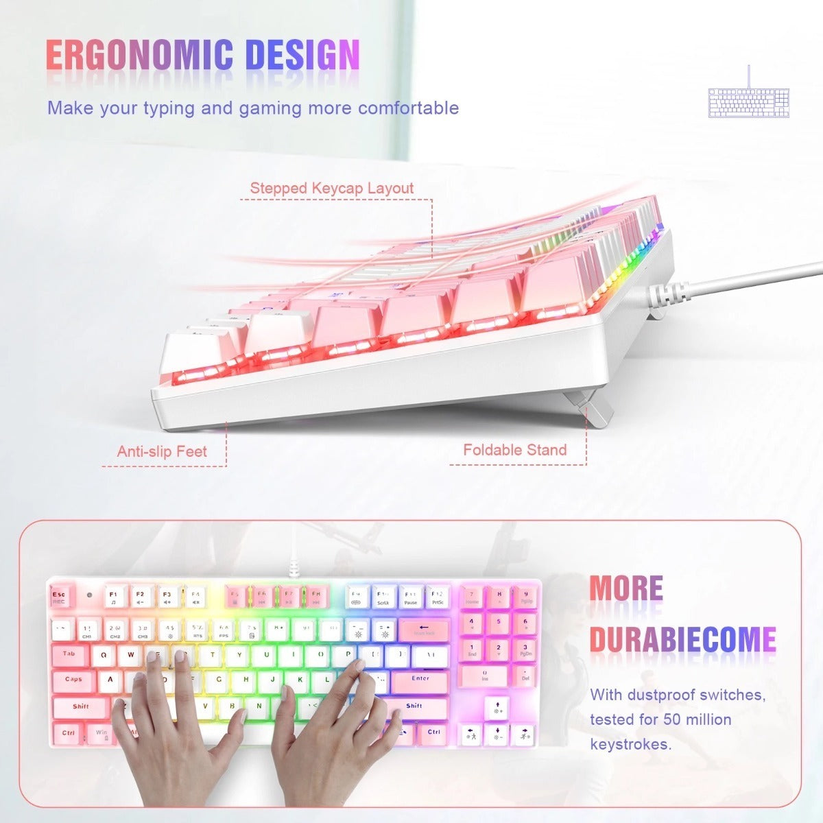 Kit Gamer Onikuma Teclado Mecanico G26 + Mouse Cw905 Rosa Blanco – imagen 5
