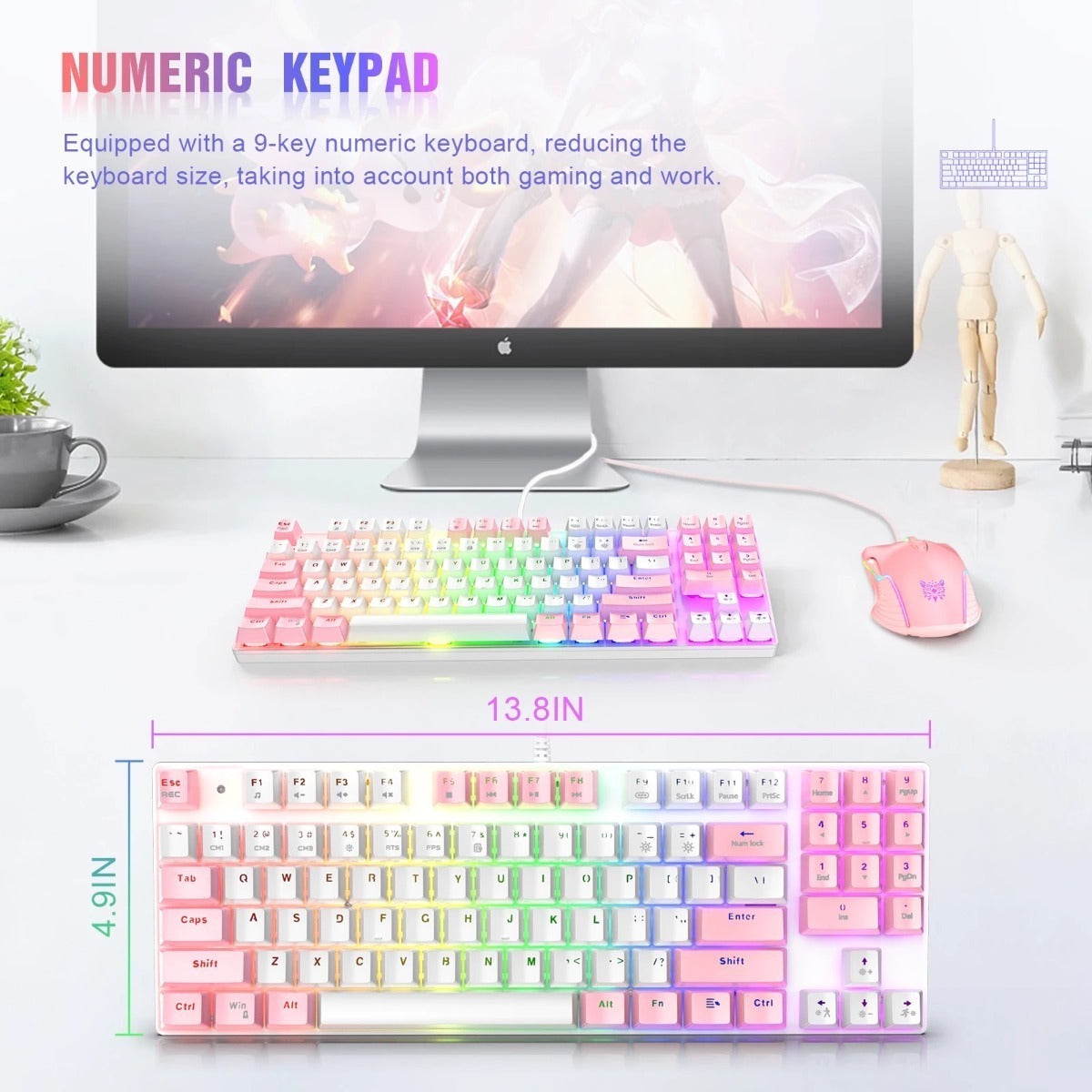 Kit Gamer Onikuma Teclado Mecanico G26 + Mouse Cw905 Rosa Blanco – imagen 4