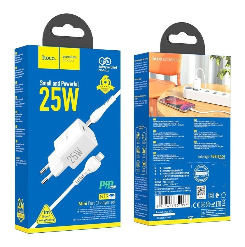 Cargador + Cable Iphone Ipad Tipo C Hoco N19 25w Blanco – imagen 4